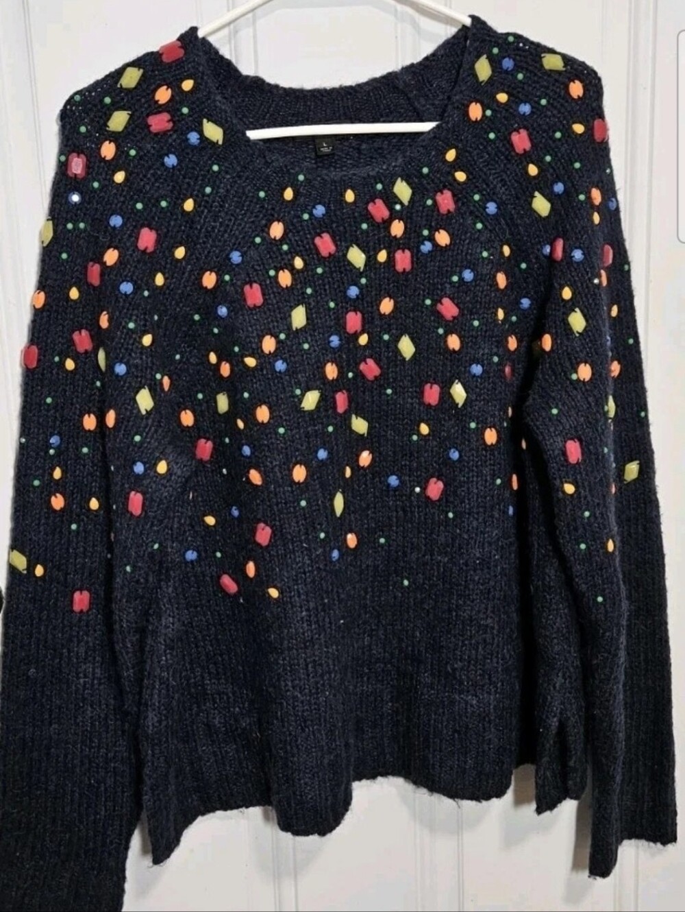 Womens J Crew Blue Embellished Alpaca Wool Blend Crewneck Holiday Sweater Size L